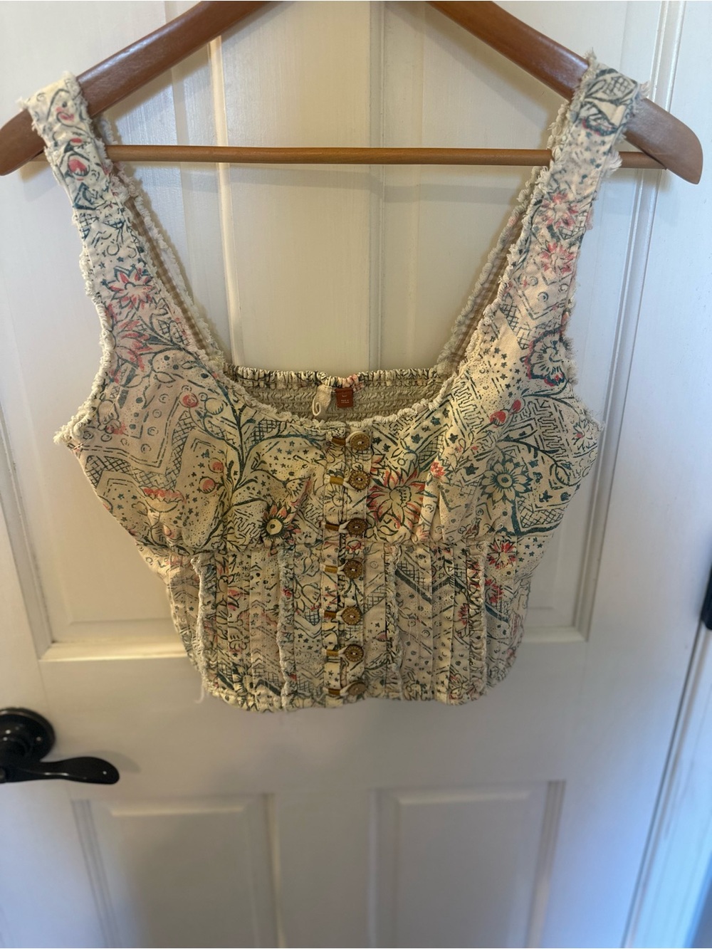 Pilcro Cream Floral Cropped Tank Top with Button Front